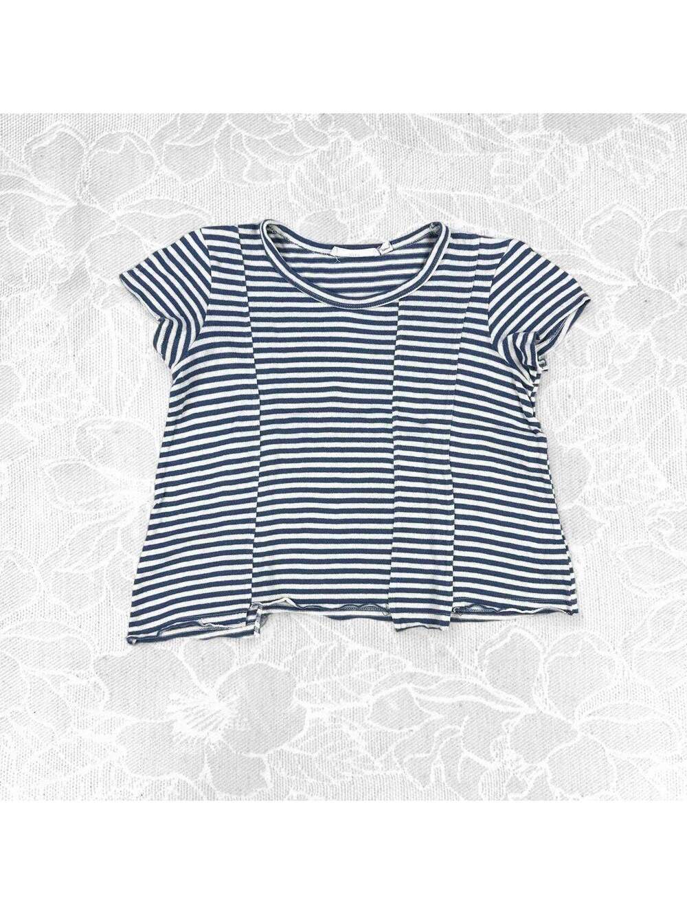 Wilt Blue and White Striped Raw-Hem Short Sleeve Cotton T-Shirt - Small